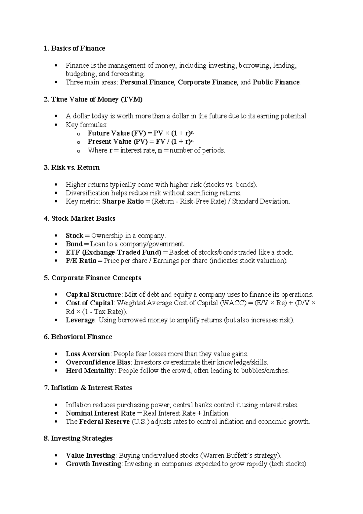 Finance notes - 1. Basics of Finance Finance is the management of money ...