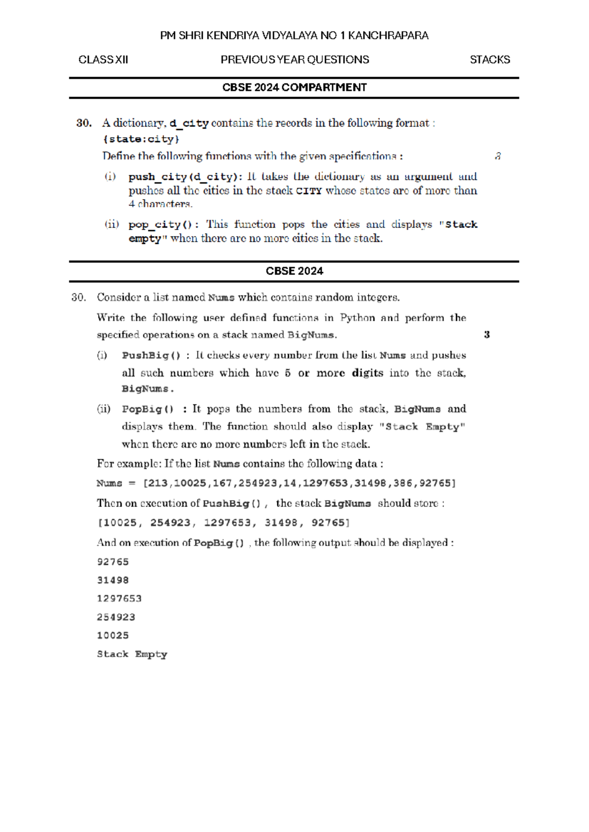 CS PYQ Stacks - QUESTION PAPER - Computer Science SL - PM SHRI KENDRIYA ...