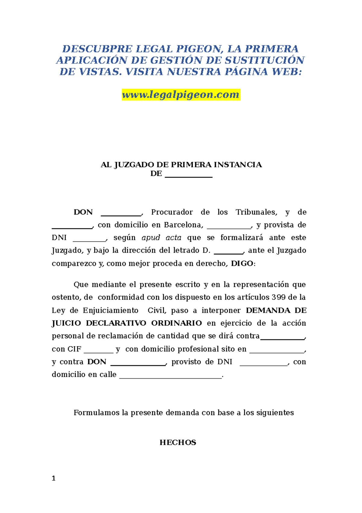 Demanda de Juicio Declarativo Ordinario - Modelo de Reclamación - Studocu