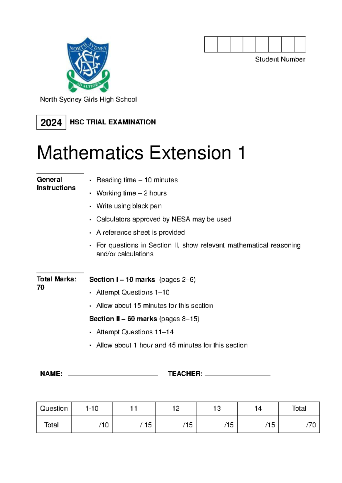 2024 NSGHS HSC Trial Exam Mathematics Ext 1 Solutions and Instructions ...