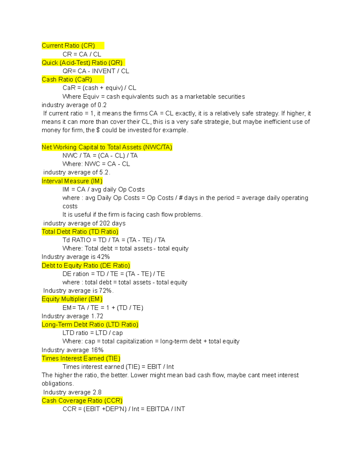 230 Financial Ratios Formula Sheet for Analysis - Studocu