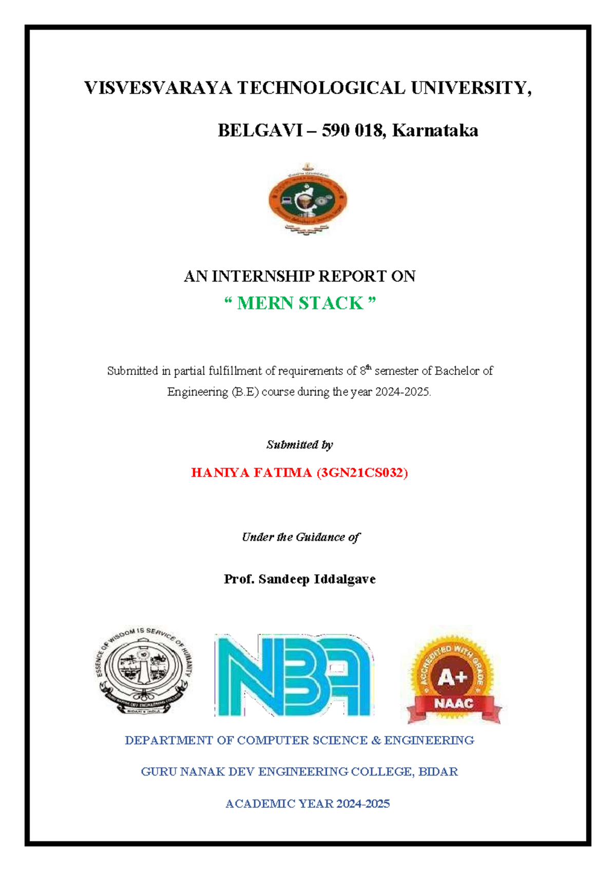 Internship Report on MERN Stack - B.E. 8th Sem (3GN21CS032) - Studocu