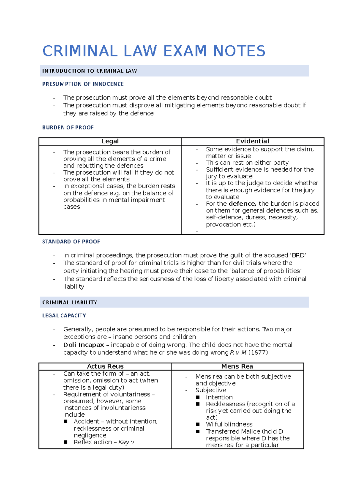Criminal Law Exam Notes Overview and Key Concepts - Studocu