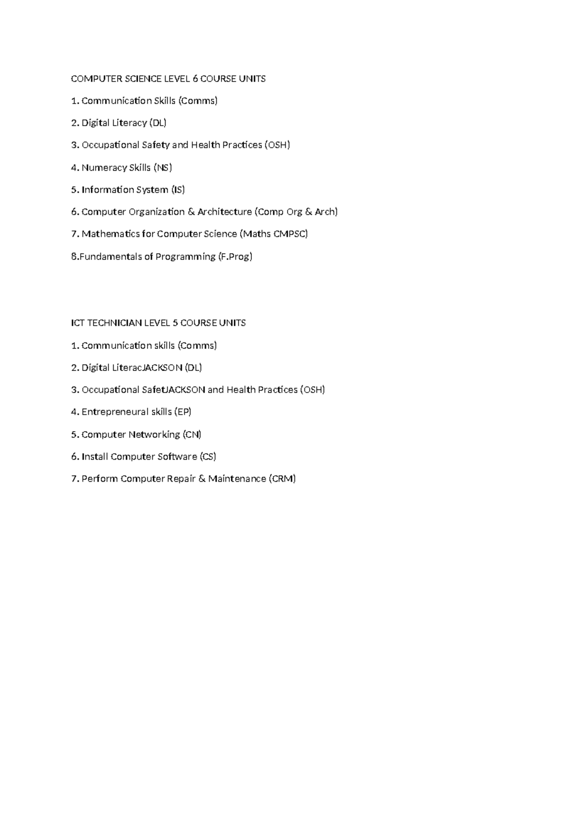 COMPUTER SCIENCE & ICT TECHNICIAN LEVELS 5 & 6 COURSE UNITS SUMMARY ...