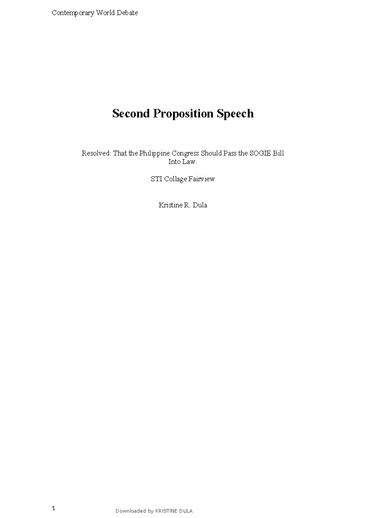 2nd PRO speech debate - Second Proposition Speech Resolved: That the ...
