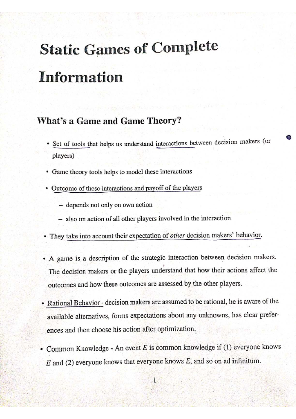 Static Games of Complete Information: Unit-1 Notes (EC001) - Studocu