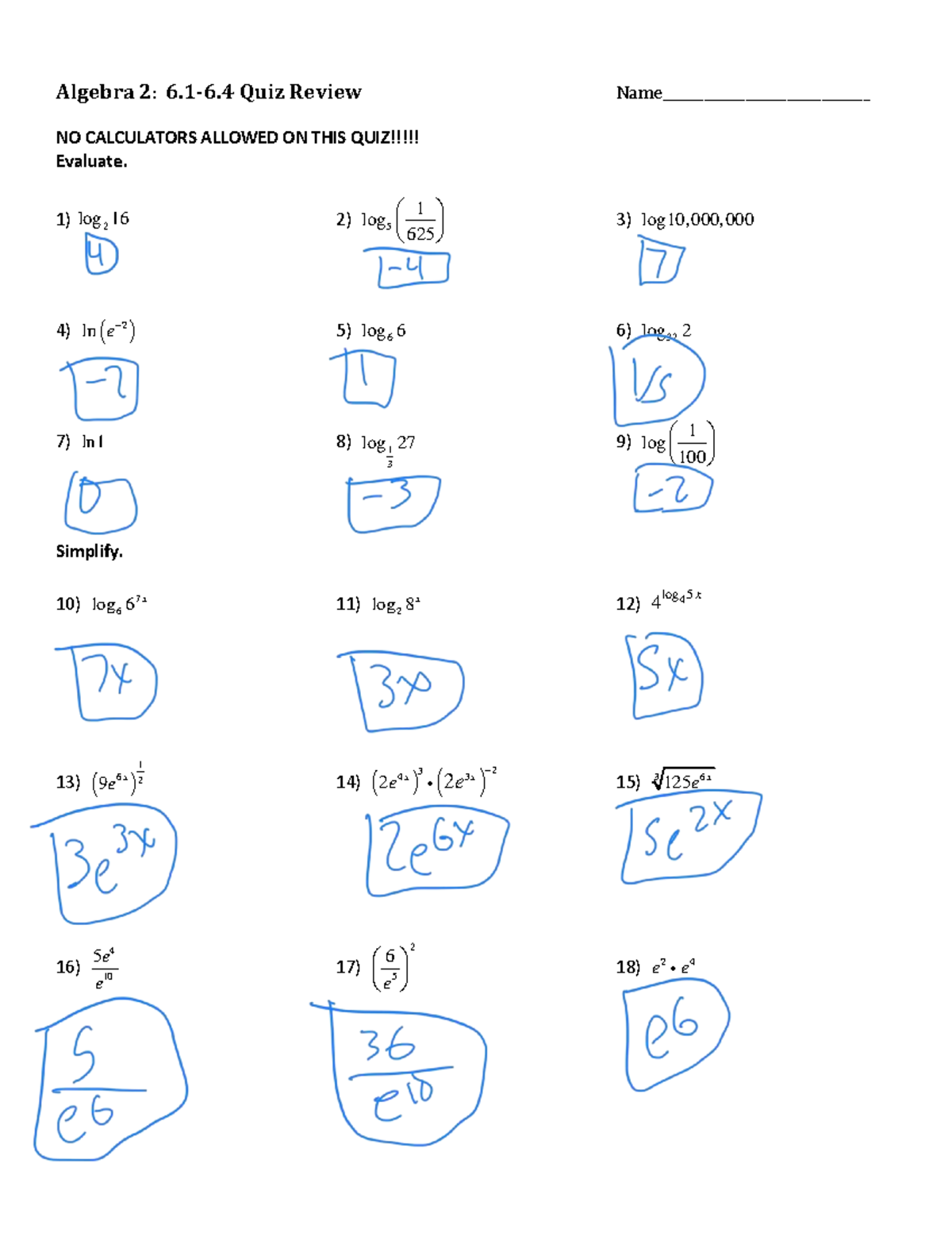 8 - 6.1-6.4 Quiz Review - Ijih - Algebra 2: 6.1-6 Quiz Review Name