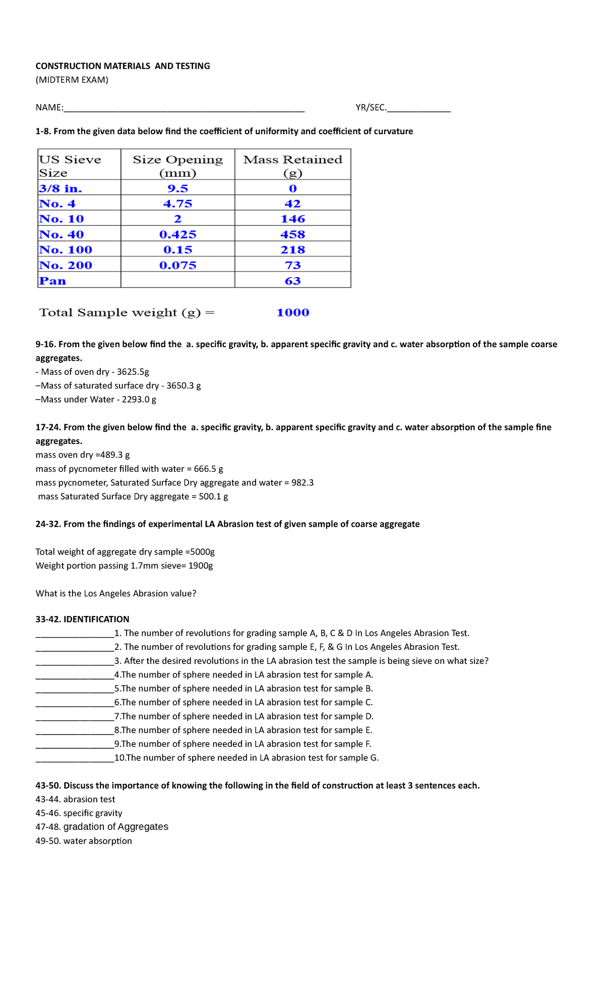 Construction Materials AND Testing Midterm EXAM - Civil Engineering ...
