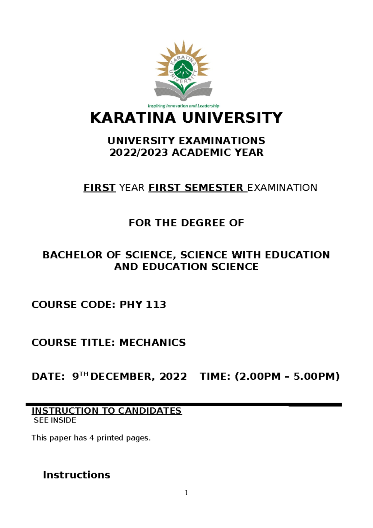 PHY 113 Final Exam: Mechanics - December 2022 - Studocu