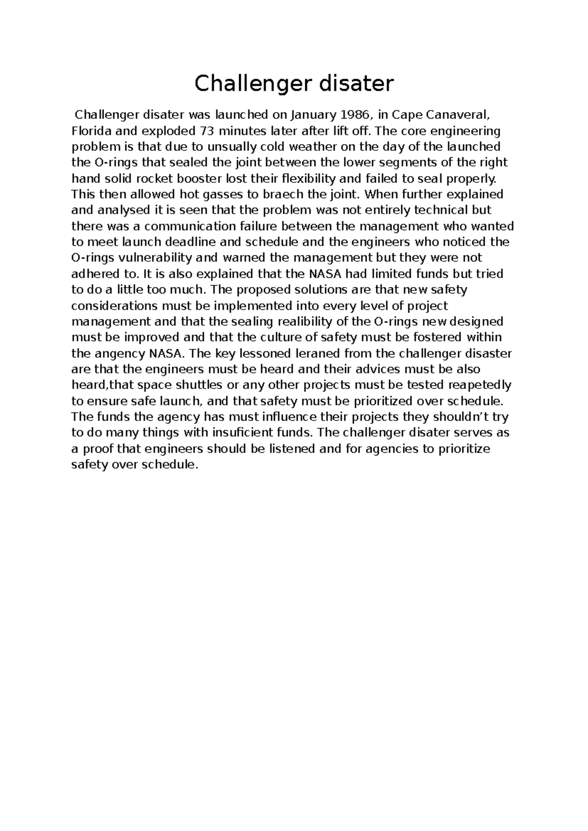 Challenger Disaster Analysis: Lessons Learned & Safety Improvements CT ...