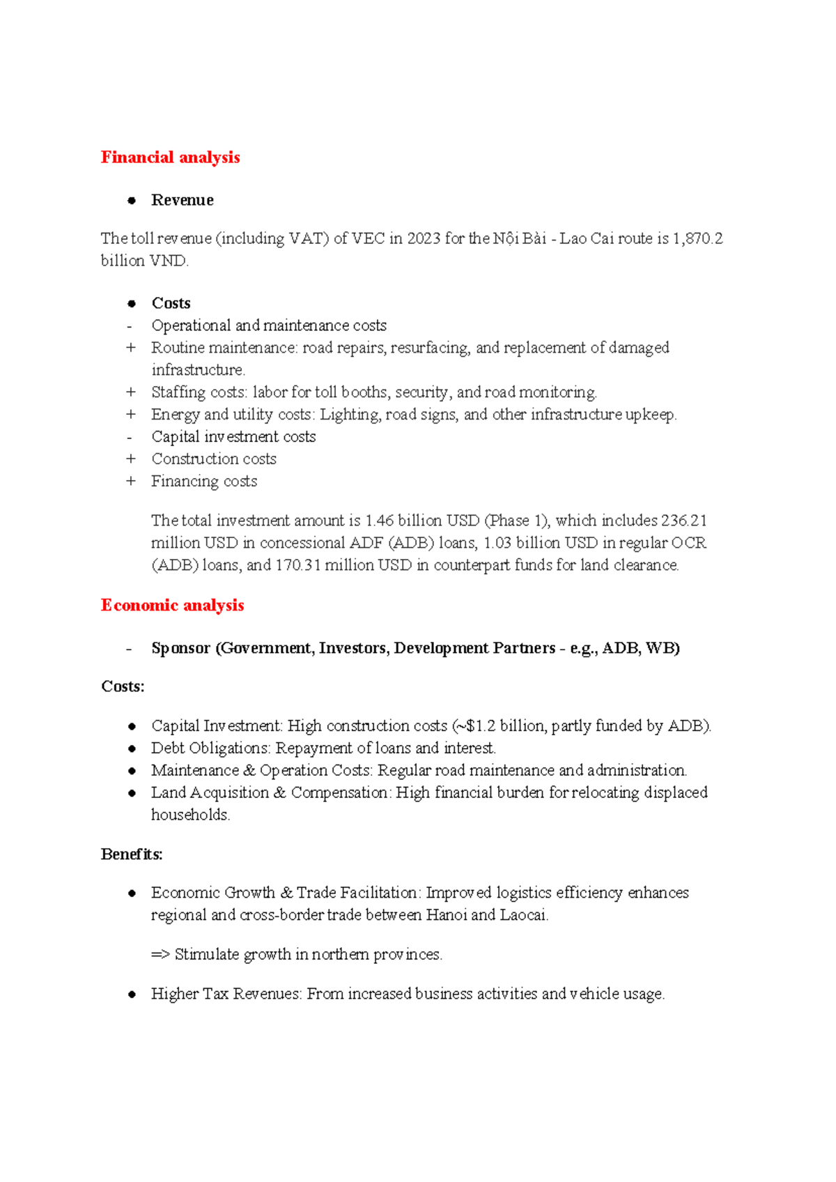 CBA Financial Analysis Exercise: VEC's Toll Revenue & Cost Implications ...