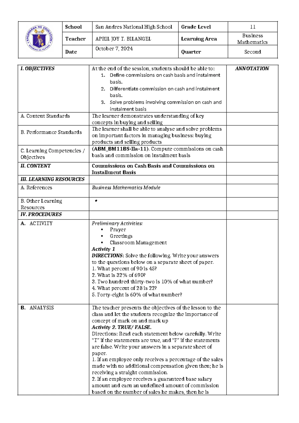 1 BM - Semi-Detailed Lesson Plan: Business Mathematics on Commissions ...
