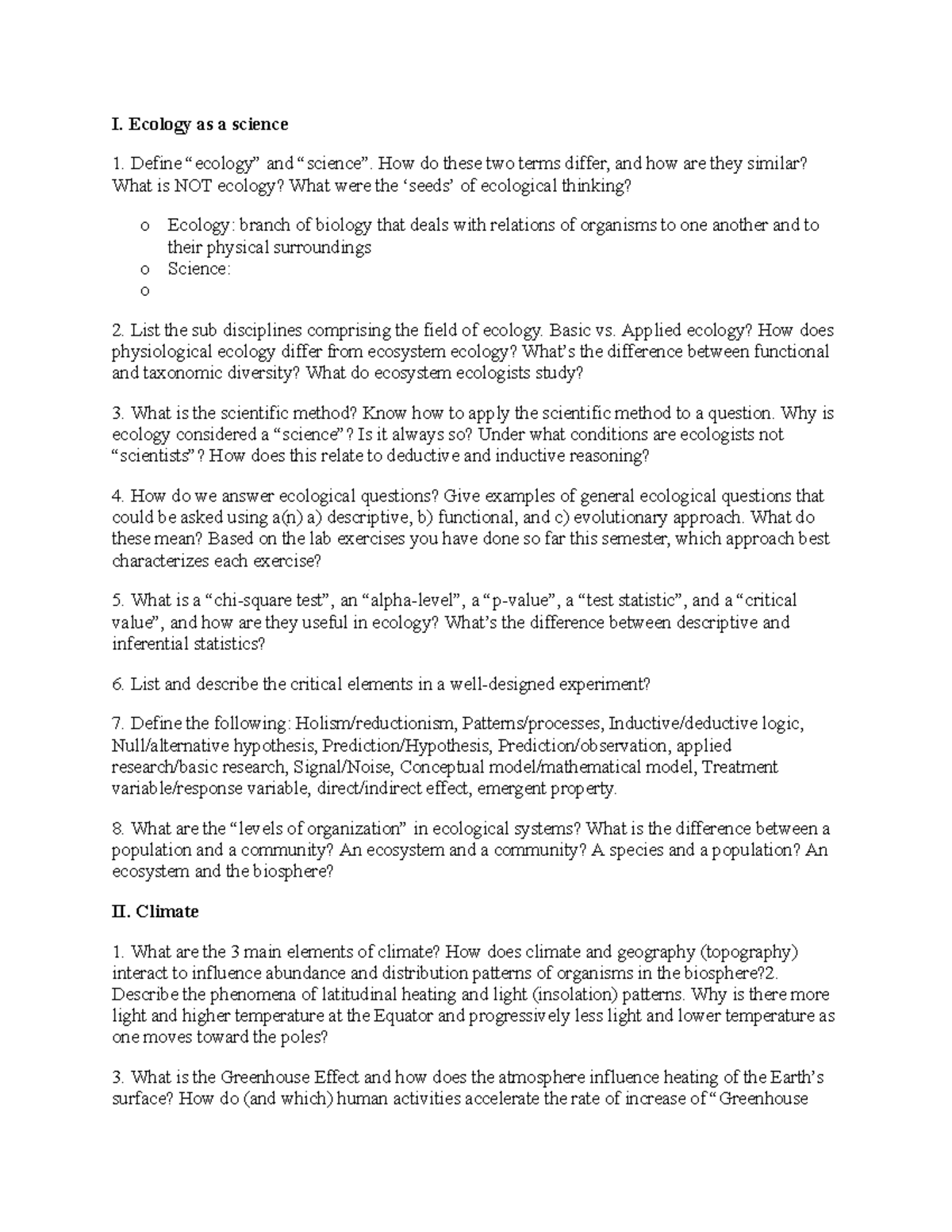 Study Guide for Ecology Test 1: Concepts, Methods, and Systems - Studocu