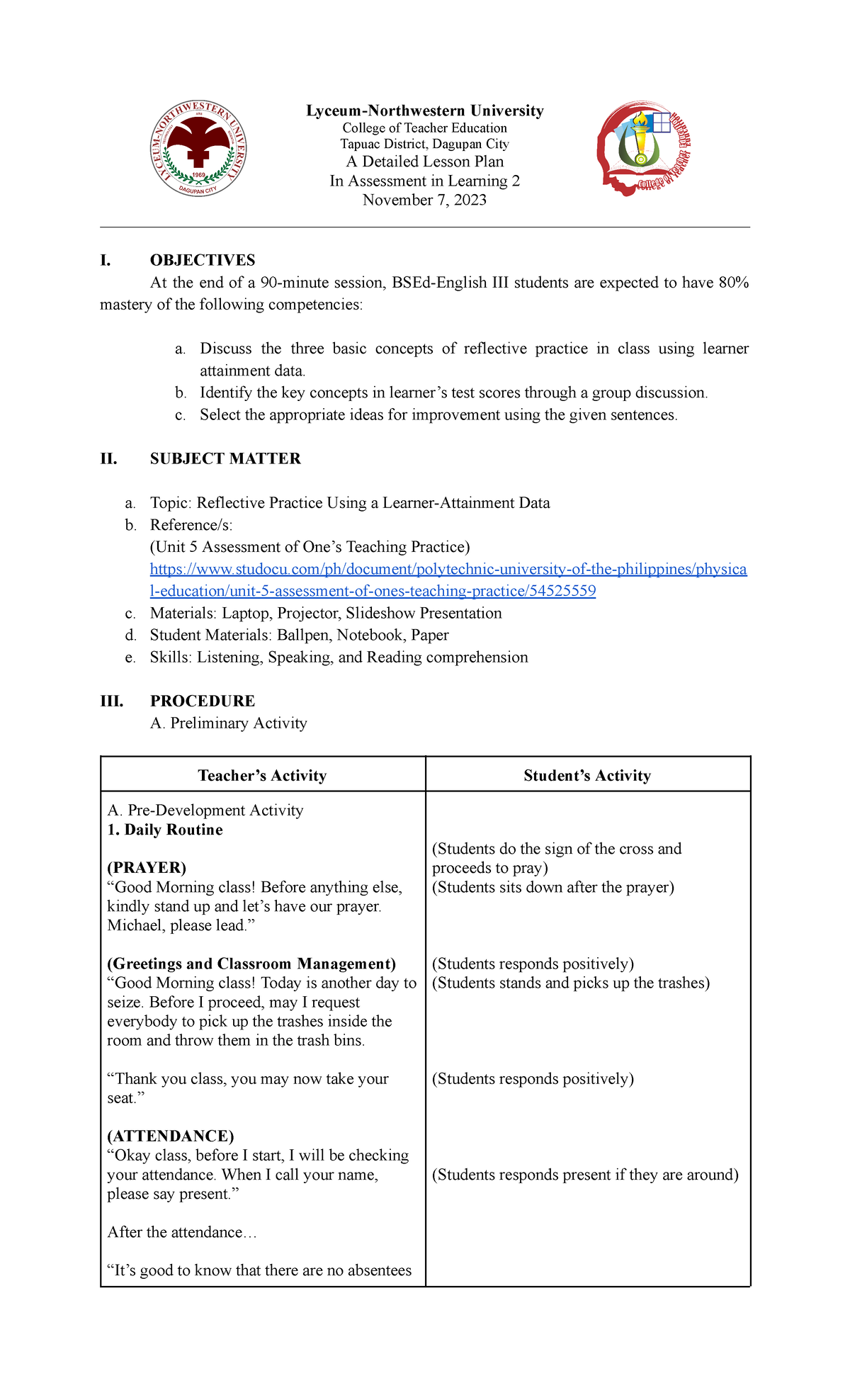 AOL 2 - Comprehensive Lesson Plan on Reflective Practice and Learner ...