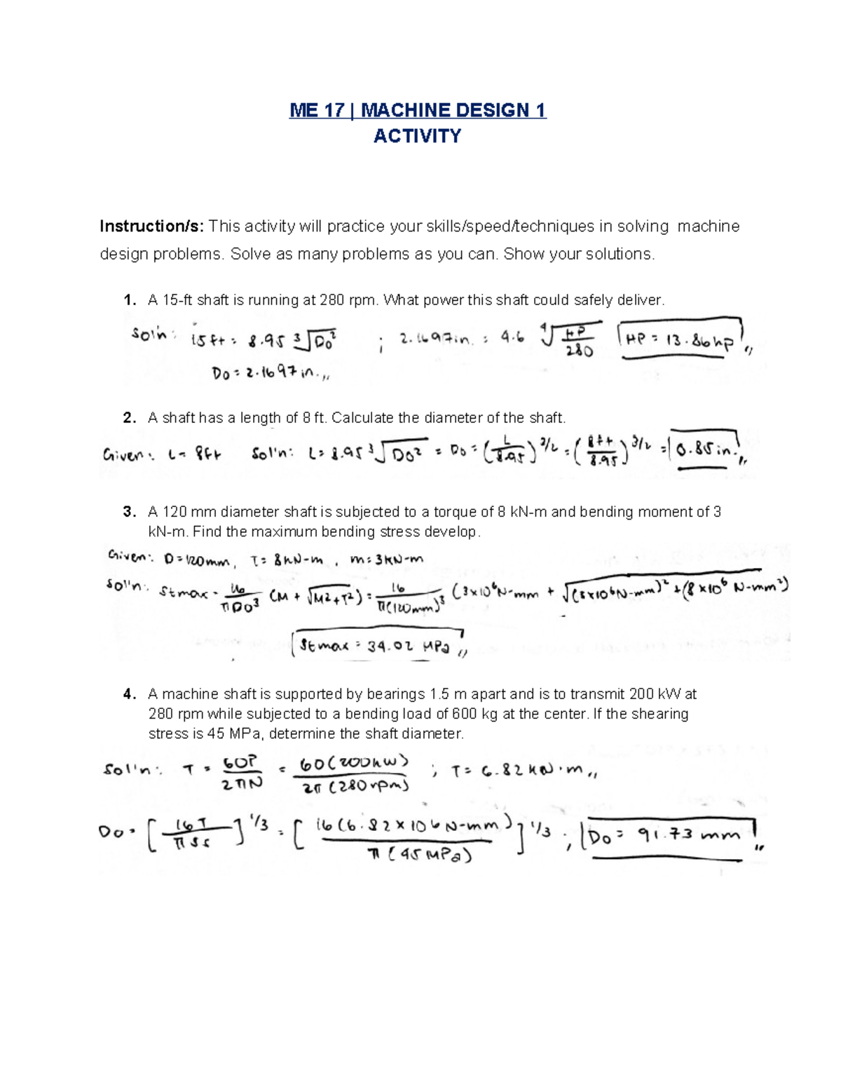 Machine Design 1 Assign 49: Problem Solving (1-10) Solutions - Studocu