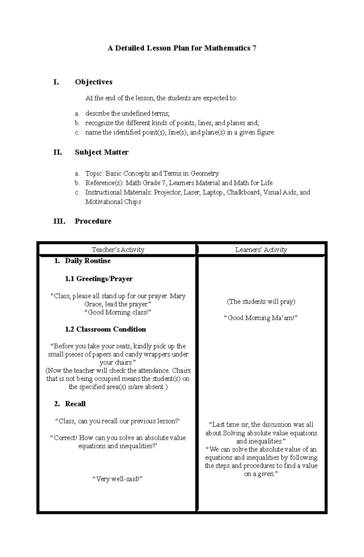 A Detailed Lesson Plan for Mathematics 7 - Objectives At the end of the ...