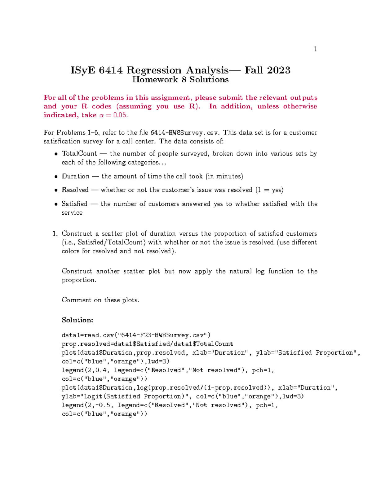 ISyE 6414 Fall 2023 Homework 8 Solutions and Analysis - Studocu