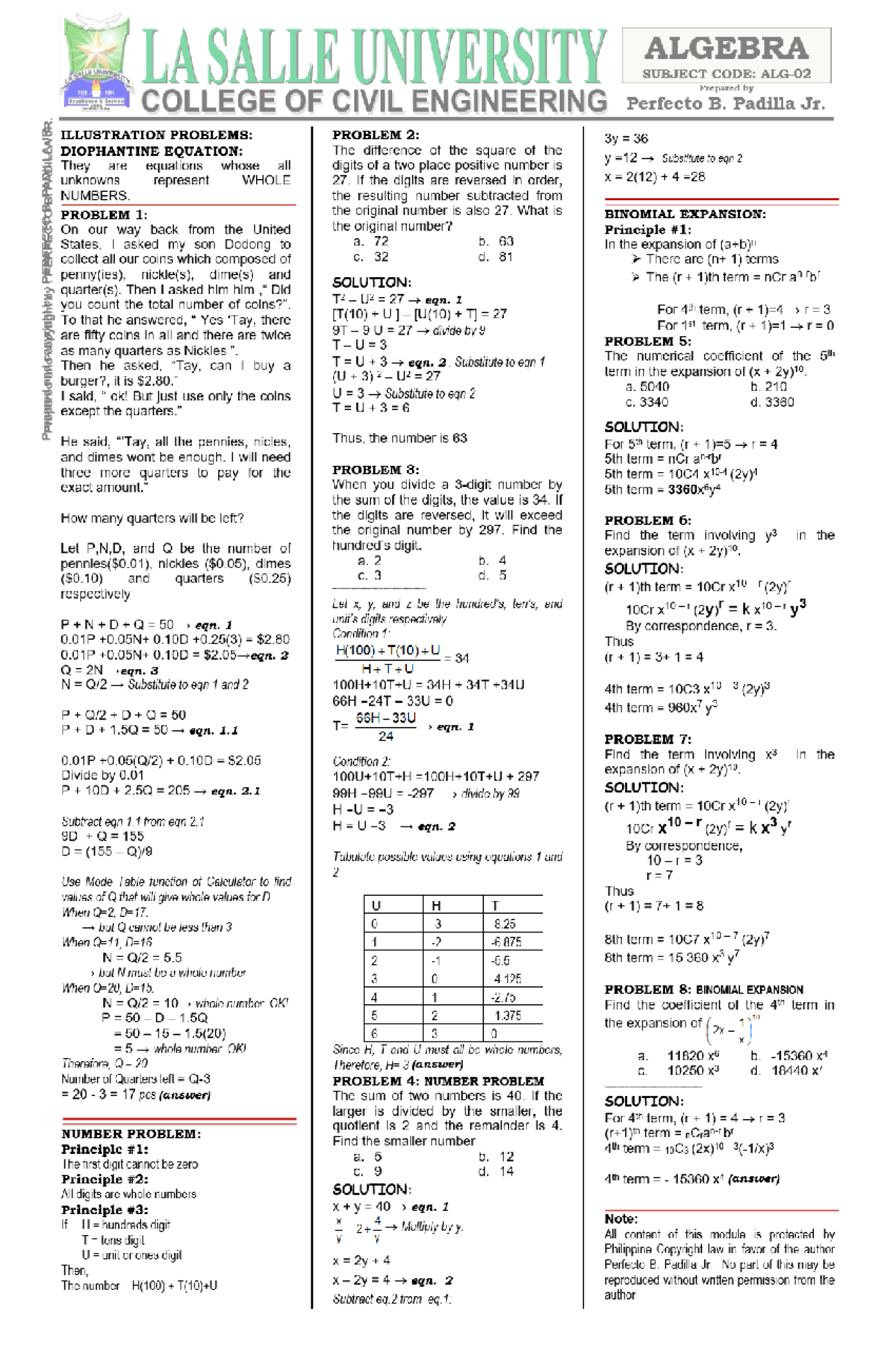 02 Algebra 2 PS - Thank you - LA SALLE UNIVERSITY ALGEBRA ALLE SUBJECT ...
