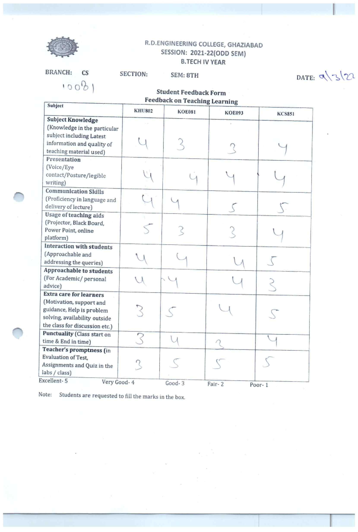Student Feedback Form for B.Tech IV Year (CS) - KHU802, KOE081, KOE093 ...