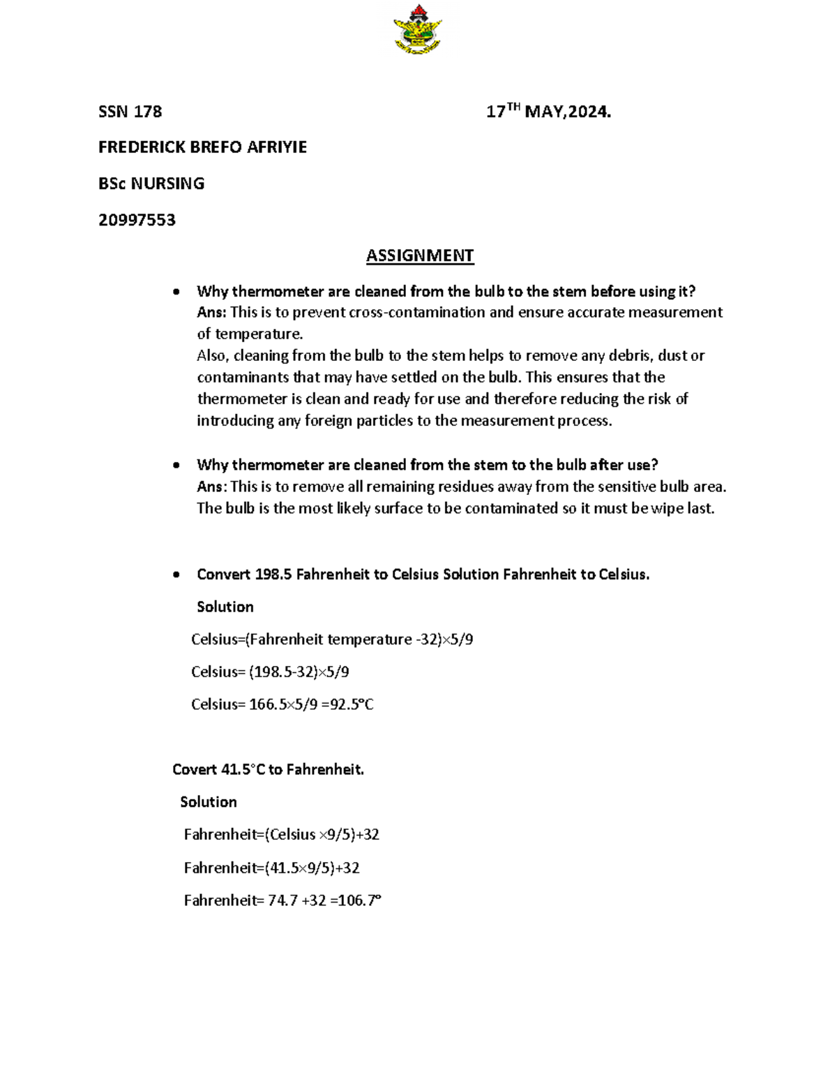 SSN 178 Nursing Assignment: Thermometer Cleaning & Temperature ...