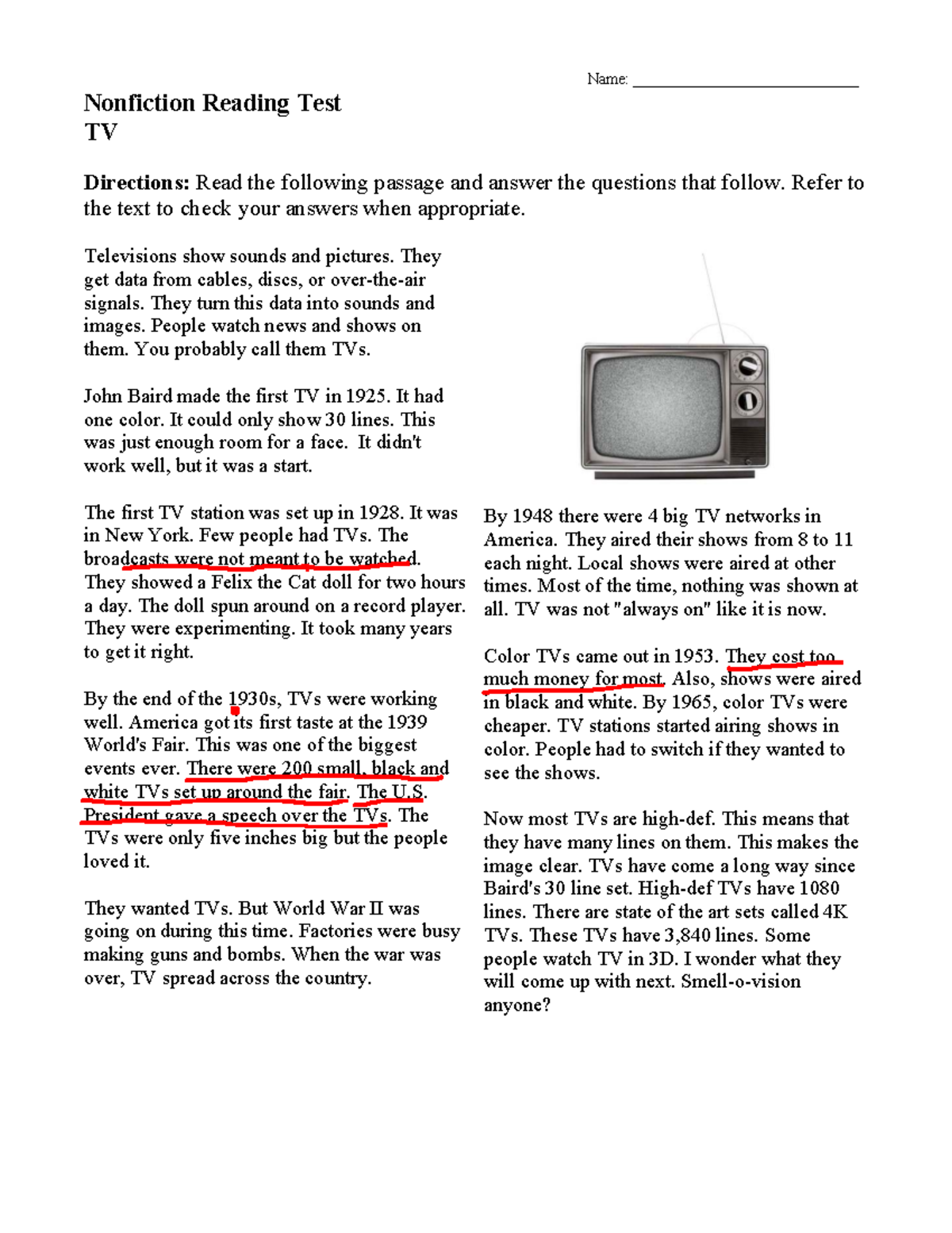 Nonfiction Reading Test: History of TV (Course Code: Bt) - Studocu