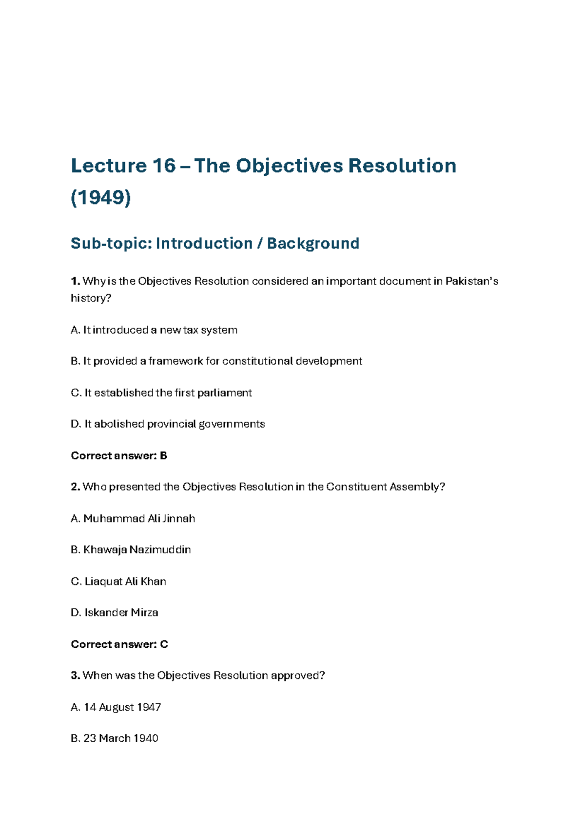 Lecture 16 & 17 Notes on Objectives Resolution & Constitutional Issues ...