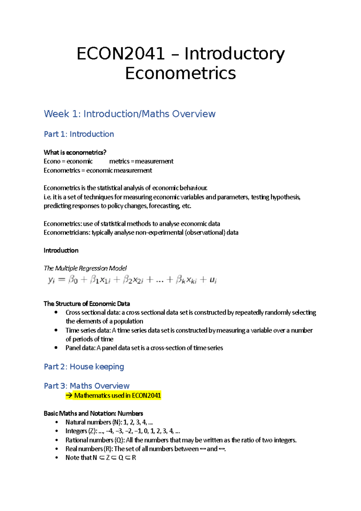 ECON2041 - Introductory Econometrics Lecture Notes and Overview - Studocu