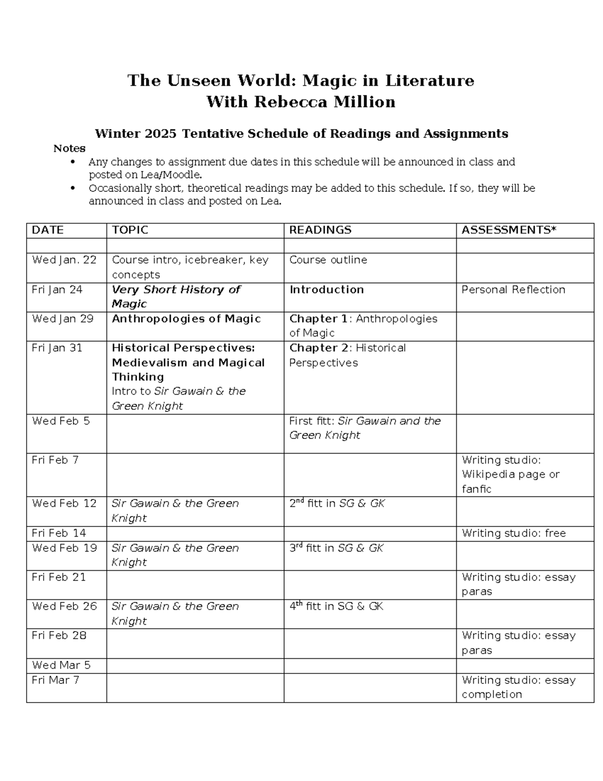 BXE 2025: Magic in Literature - Schedule & Assignments - Studocu