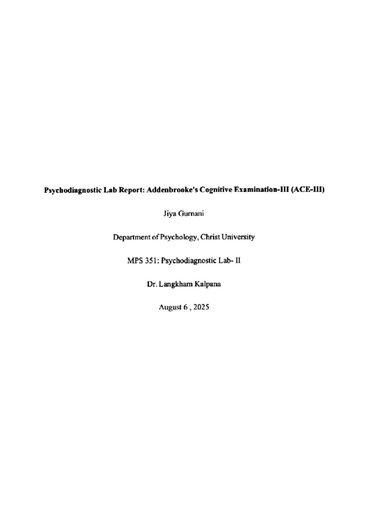 Psychodiagnostic Lab Report: Cognitive Assessment (MPS 351) - Studocu