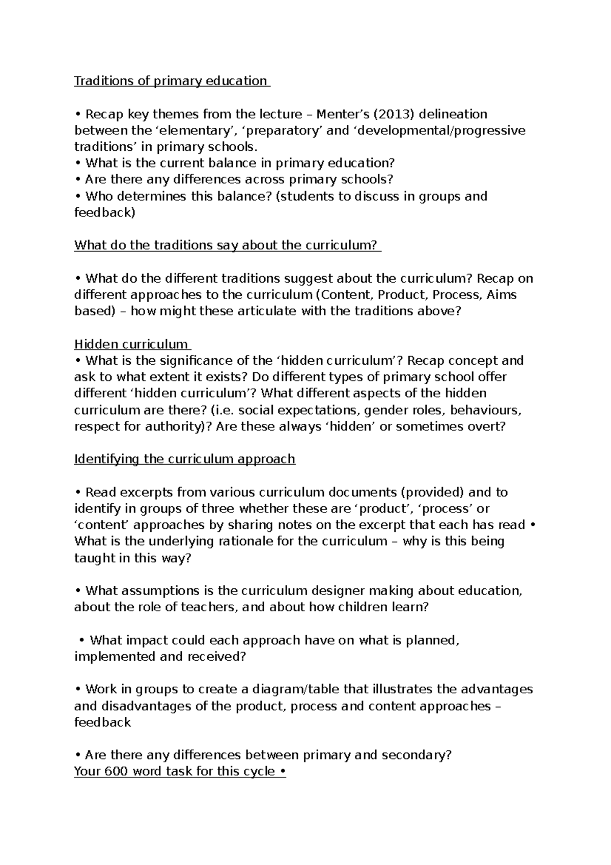 Curriclum - Cycle 2 Seminar 1 - Traditions of primary education Recap ...