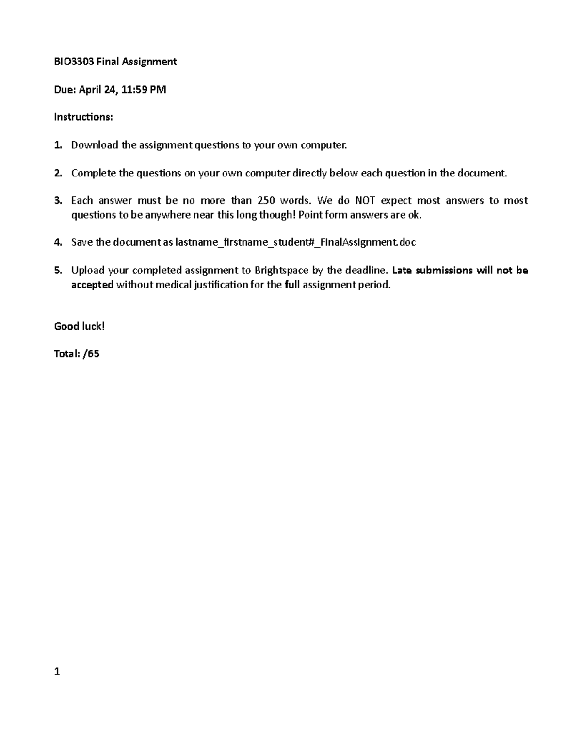 BIO3303 Final Assignment: Key Concepts and Instructions - Studocu