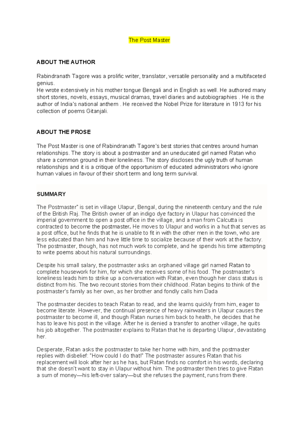 Notes on The Post Master (Rabindranath Tagore) - Studocu