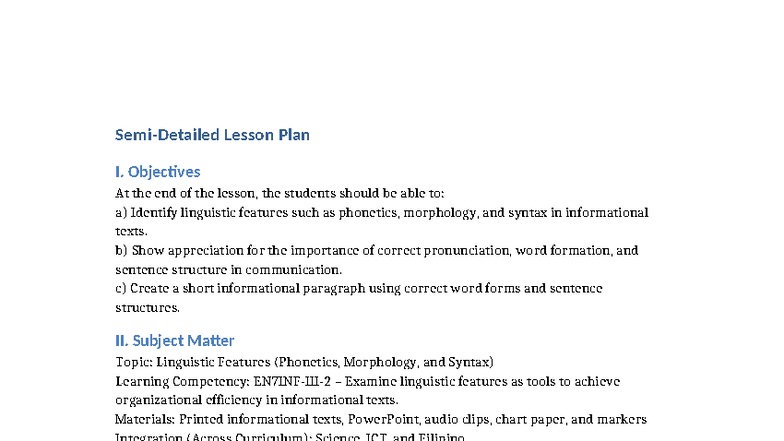 Semi-Detailed Lesson Plan: Linguistic Features (Phonetics, Morphology ...