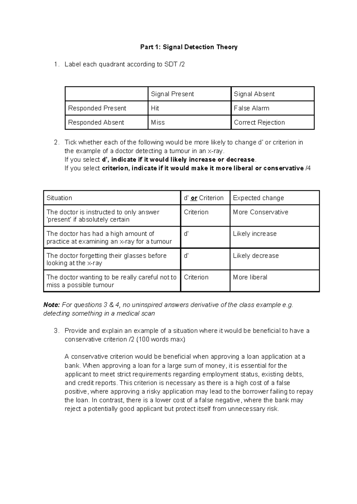 Assignment 1: Signal Detection Theory Analysis and Examples - Studocu