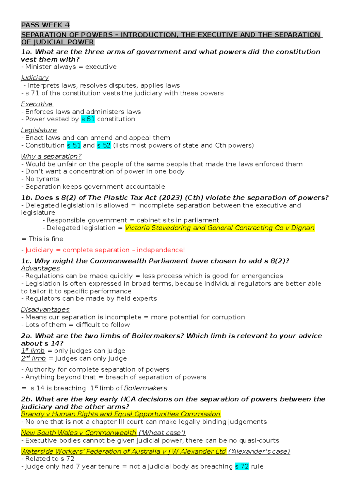 PASS - Separation of Powers Summary Notes (Wk 4) - Constitutional Law ...
