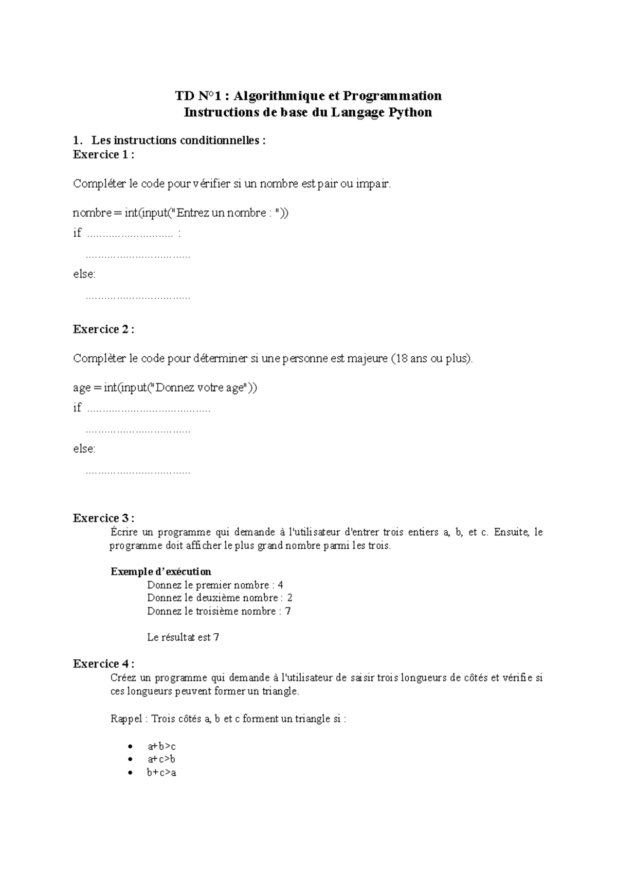 TD1 : Exercices de Programmation en Python - Conditions et Comparaisons ...