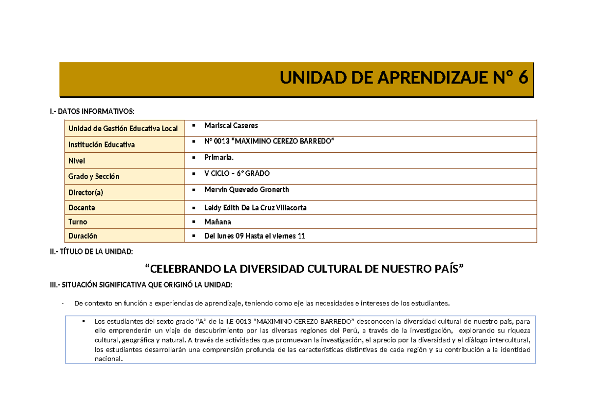 Unidad de Aprendizaje 6: Celebrando Diversidad Cultural - MCB-6º 24 - Document Preview
