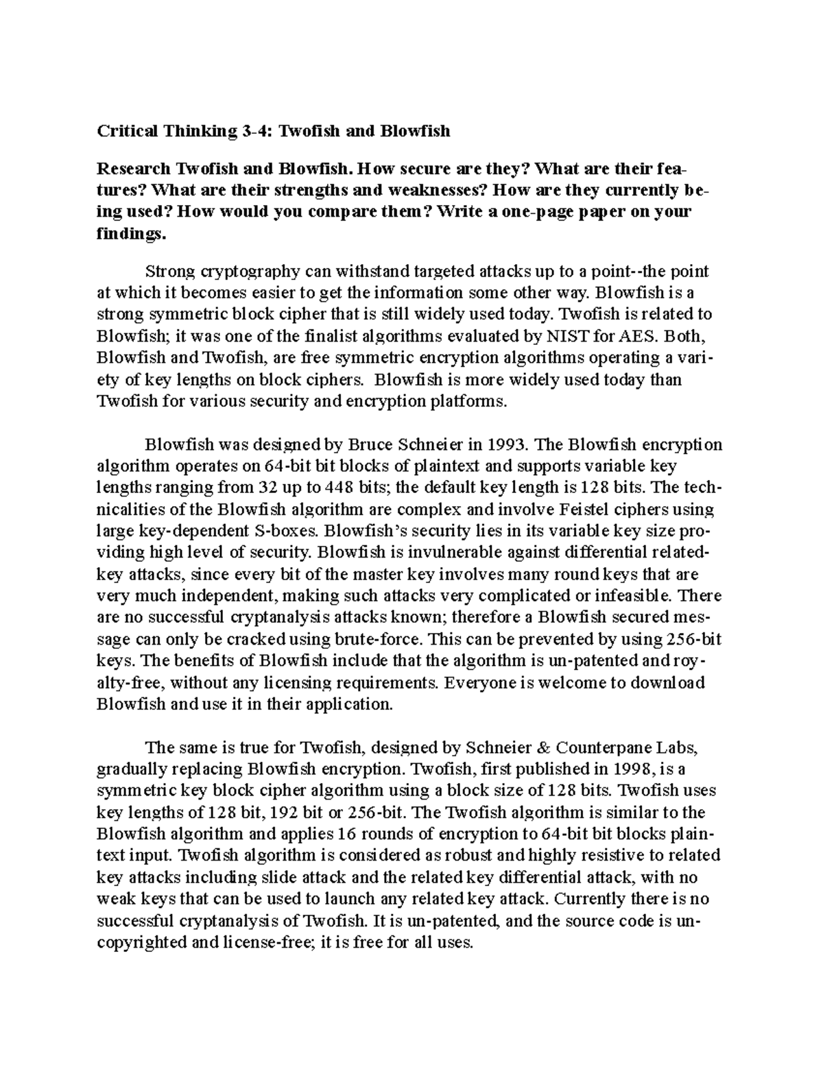 Critical Thinking Assignment 3-4: Analysis of Twofish & Blowfish ...