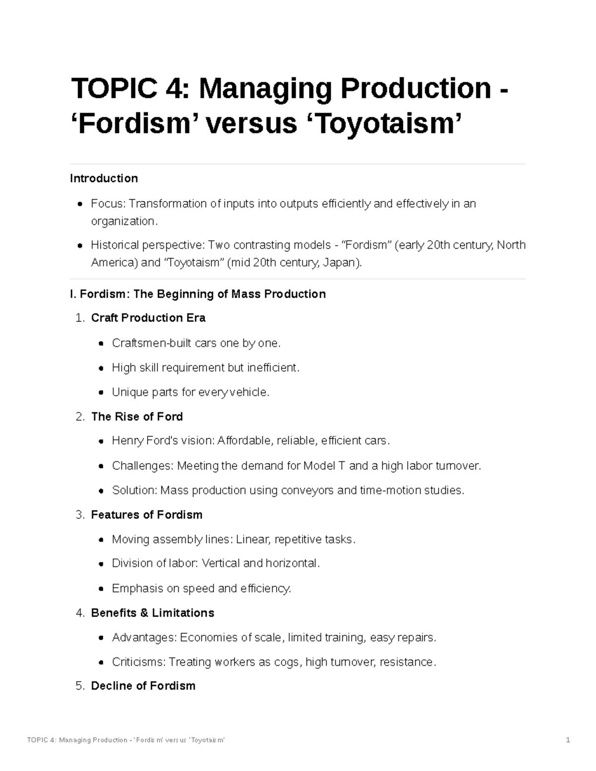 Tutorial note (topic 4) - TOPIC 4: Managing Production - ‘Fordism ...