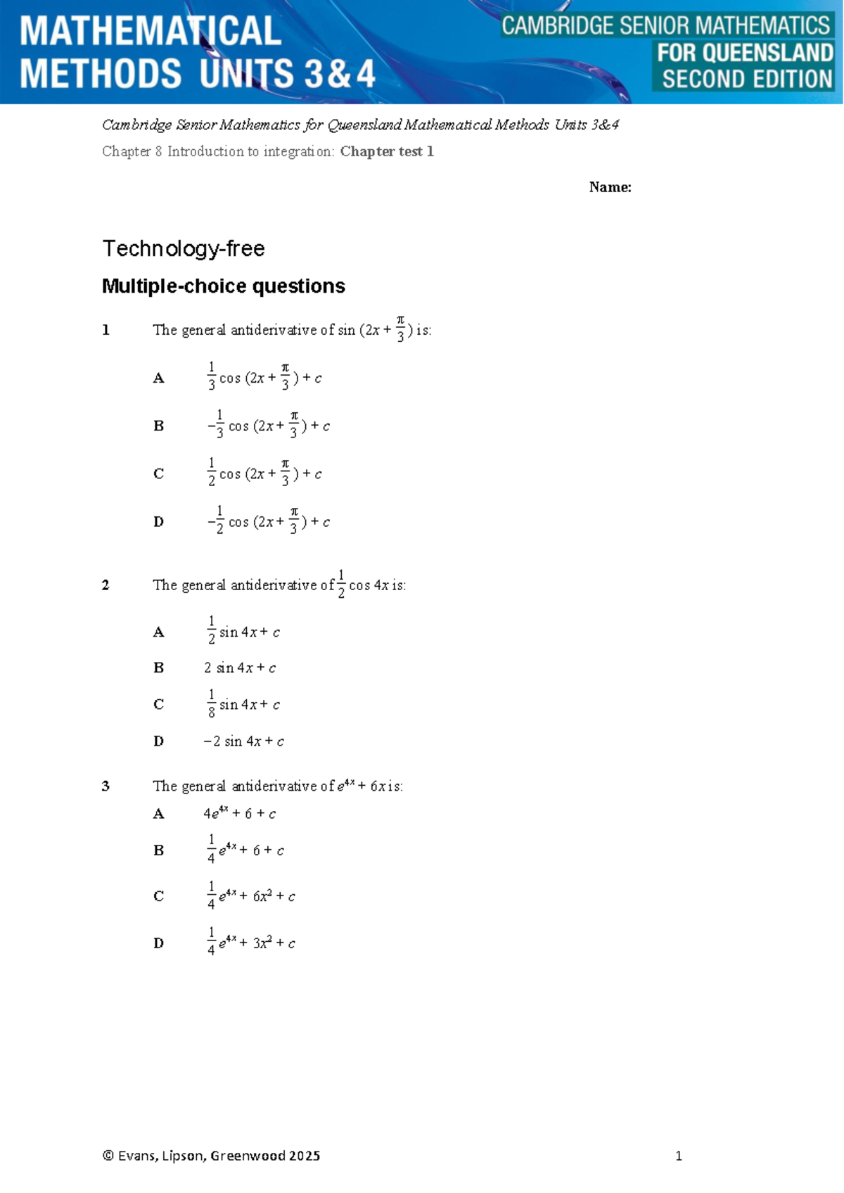Mathematical Methods Units 3 Chapter 8 Integration Test 1 with Answers ...