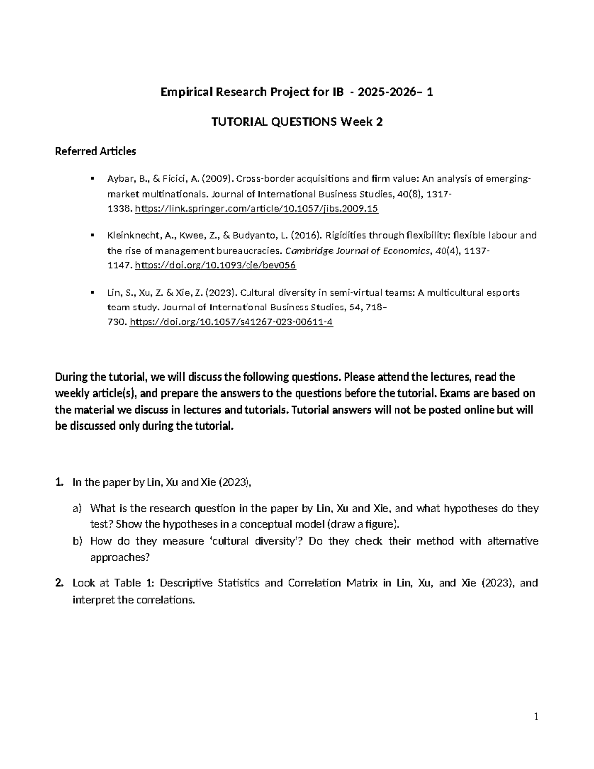 Empirical Research Project for IB 1: Week 2 Tutorial Questions ...