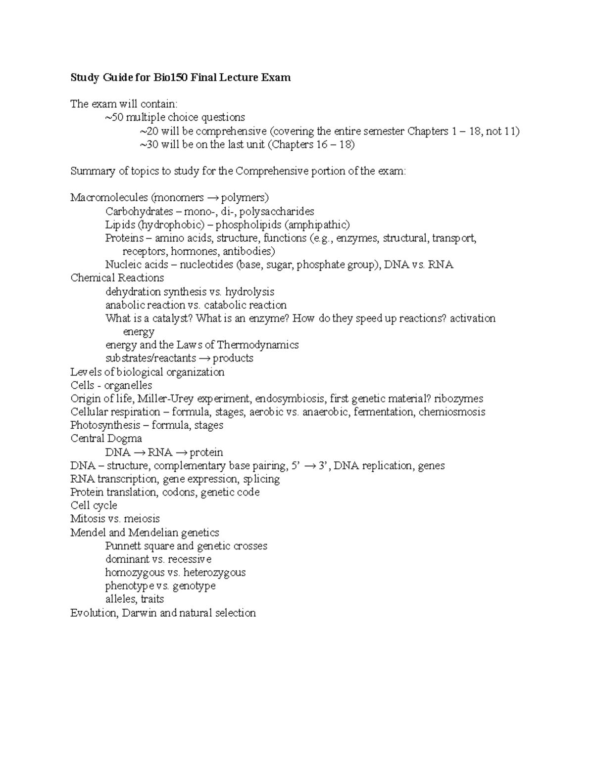Bio150 Final Exam Study Guide: Comprehensive Review of Key Topics - Studocu