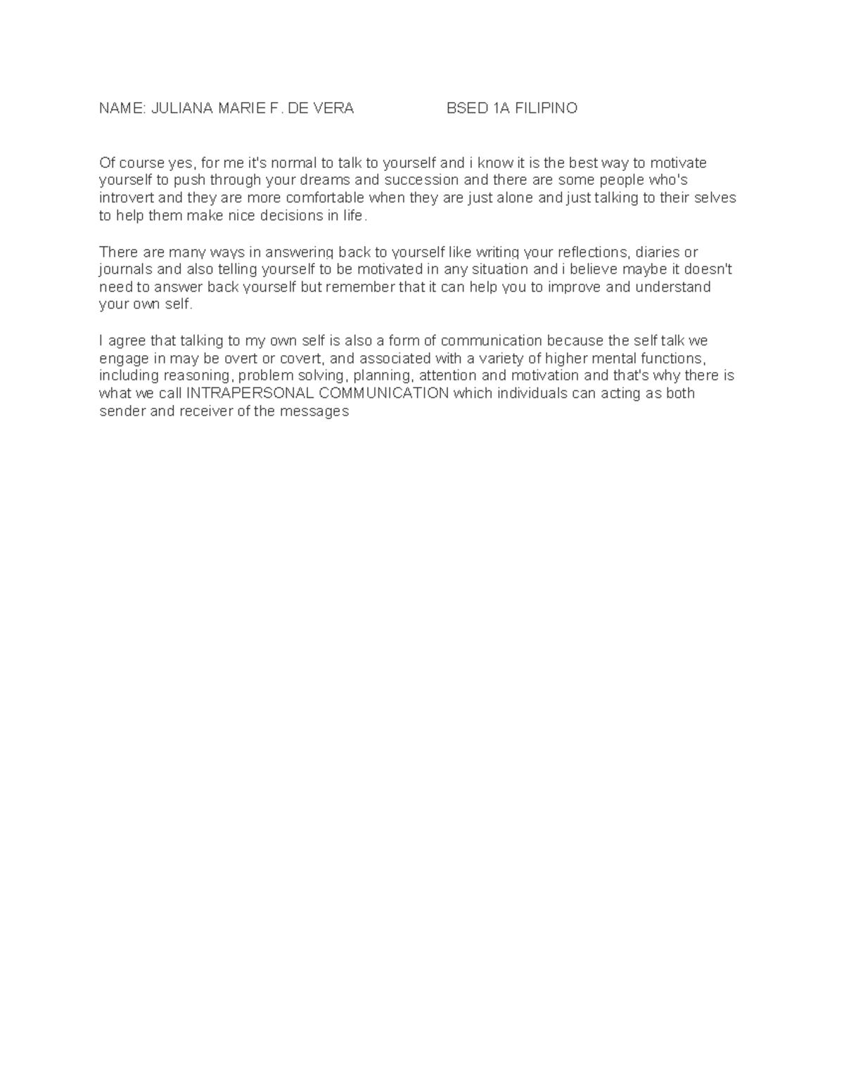 Assignment GE 5 - Reflection on Intrapersonal Communication - Studocu