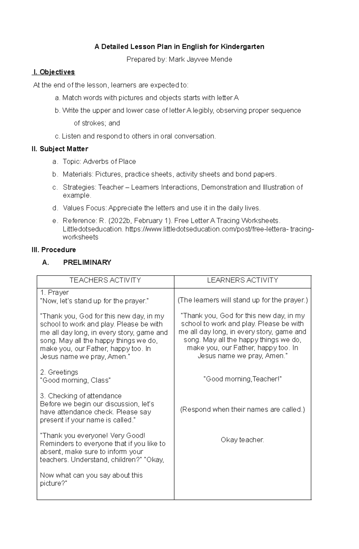 Detailed Lesson Plan: English Lesson on Letter A (Kindergarten) - Studocu