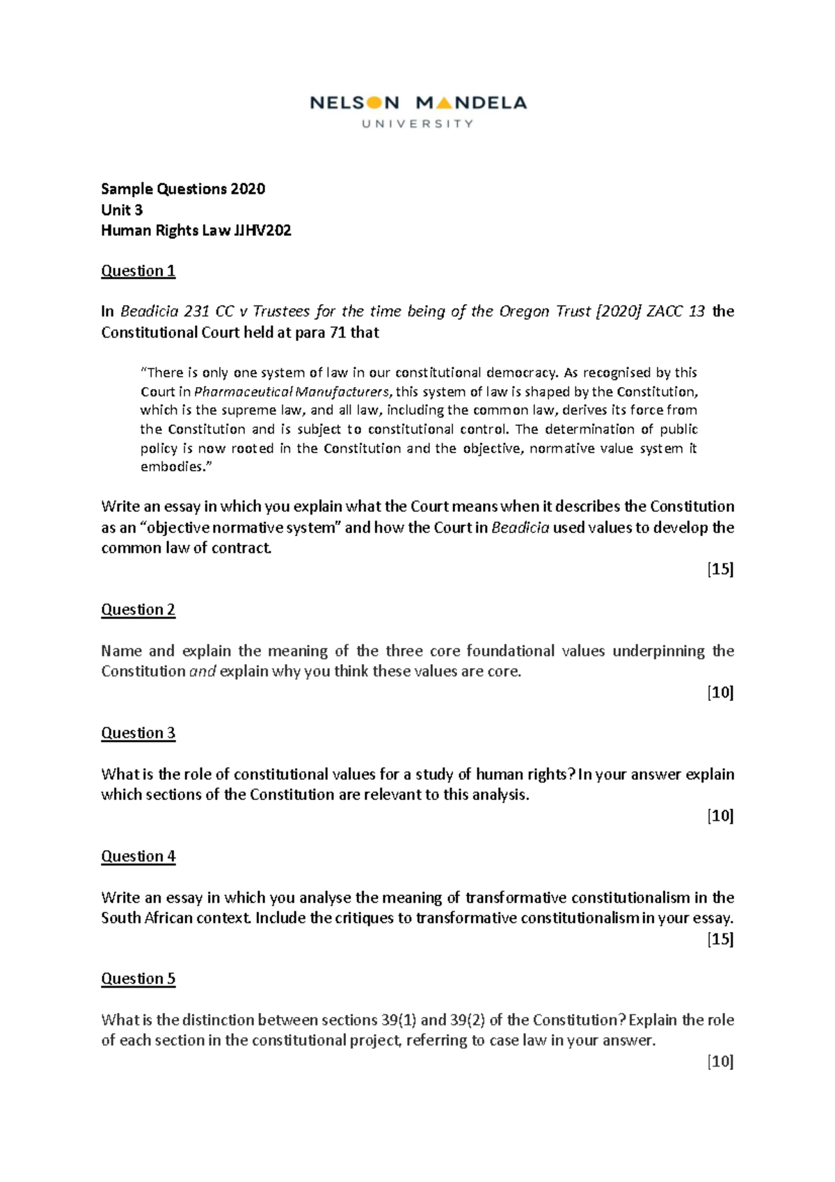 Sample Questions Unit 3: Human Rights Law JJHV202 - Studocu
