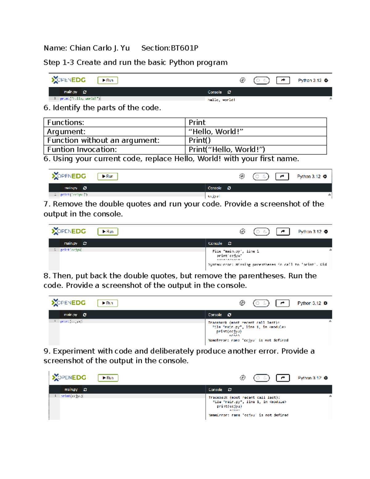 BT601P Lab: Basic Python Program Creation and Code Parts - Studocu