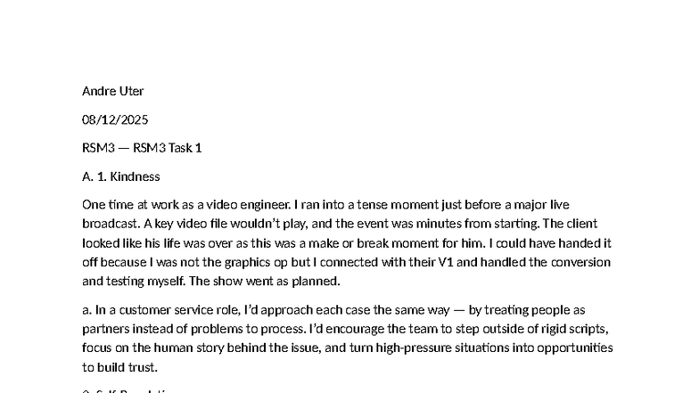 RSM3 Task 1 - Kindness in High-Pressure Situations - Studocu