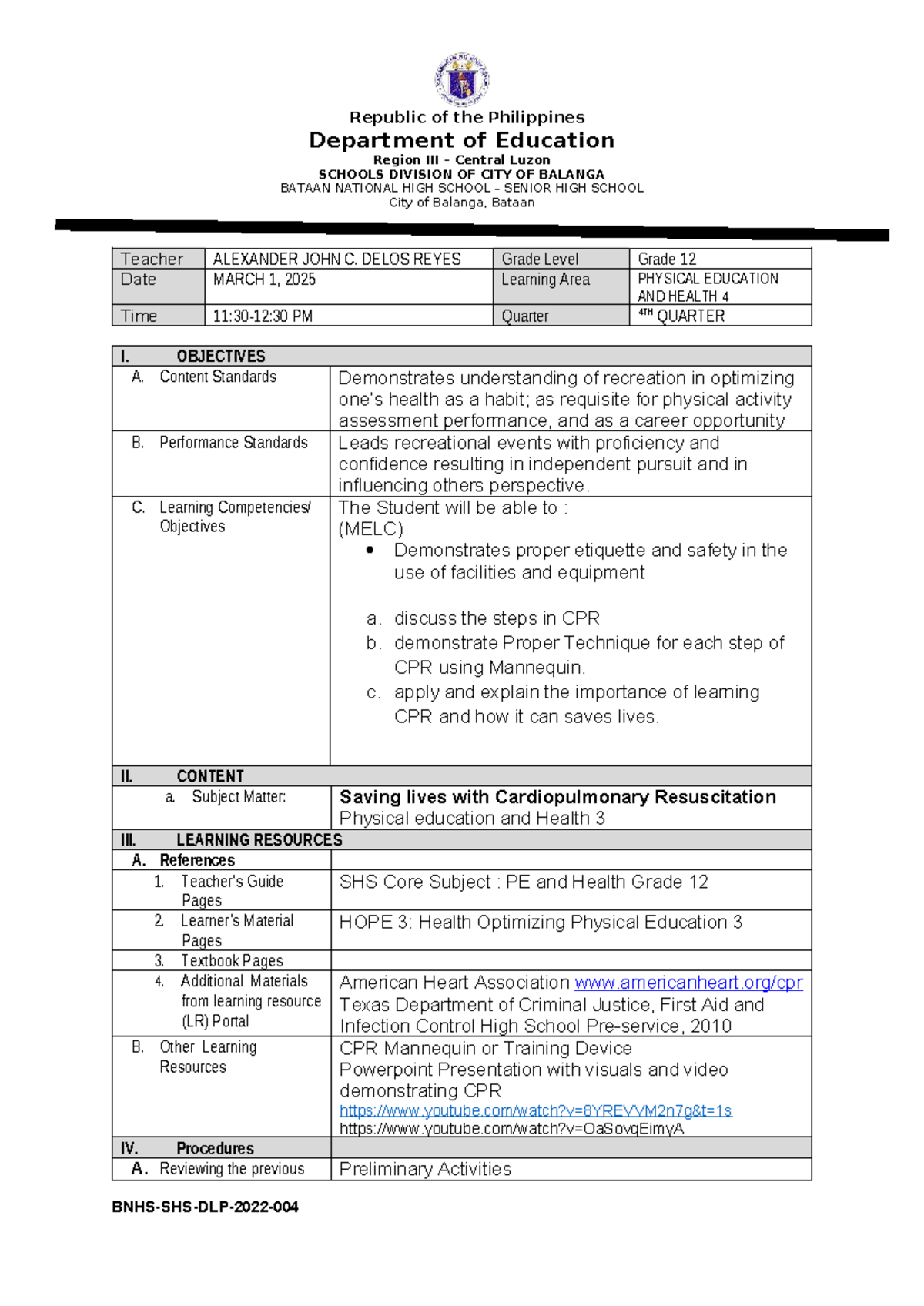 Daily Lesson Log - CPR Techniques for Grade 12 PE & Health - Studocu