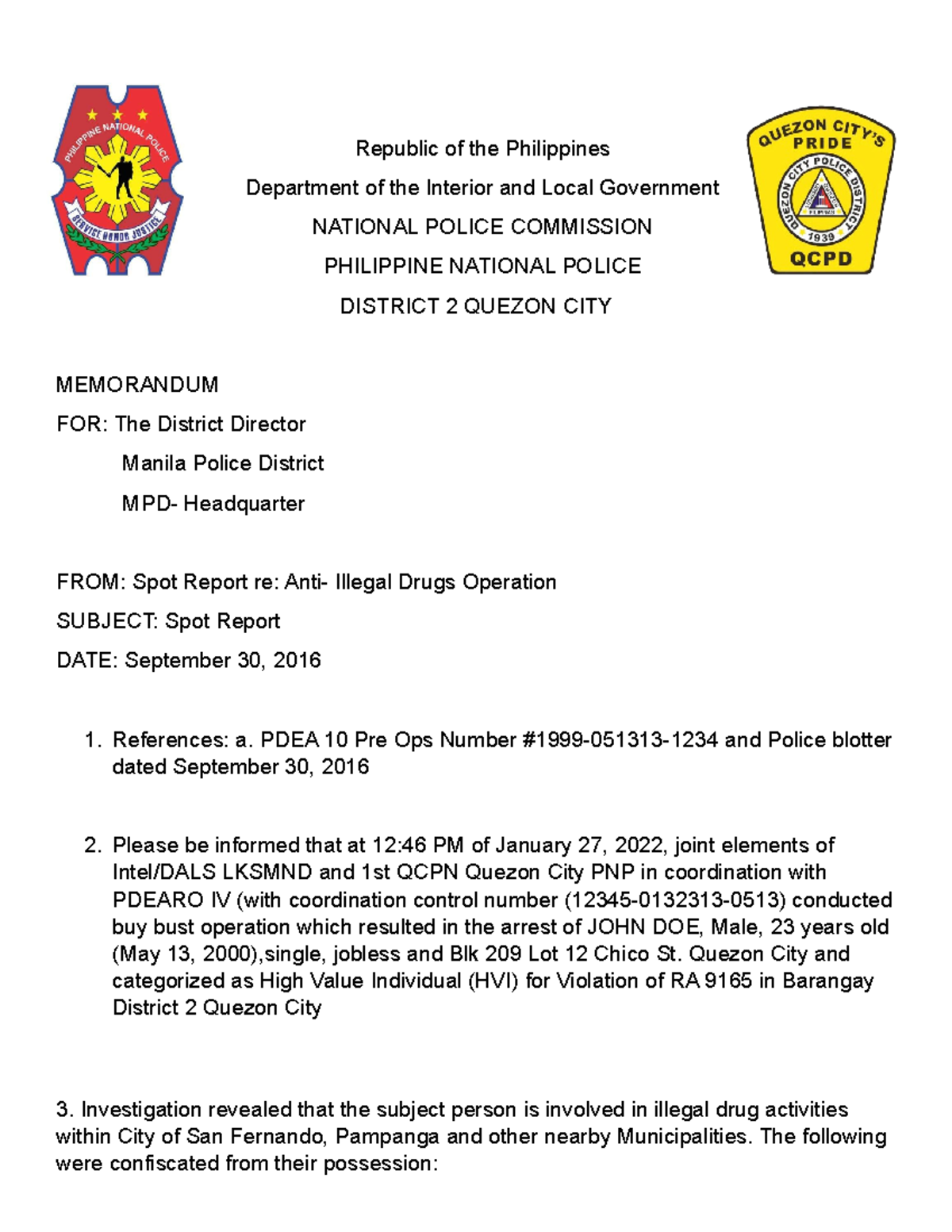 Spot Report: Anti-Illegal Drugs Operation MAE 13 - Ilovino Anabelle ...