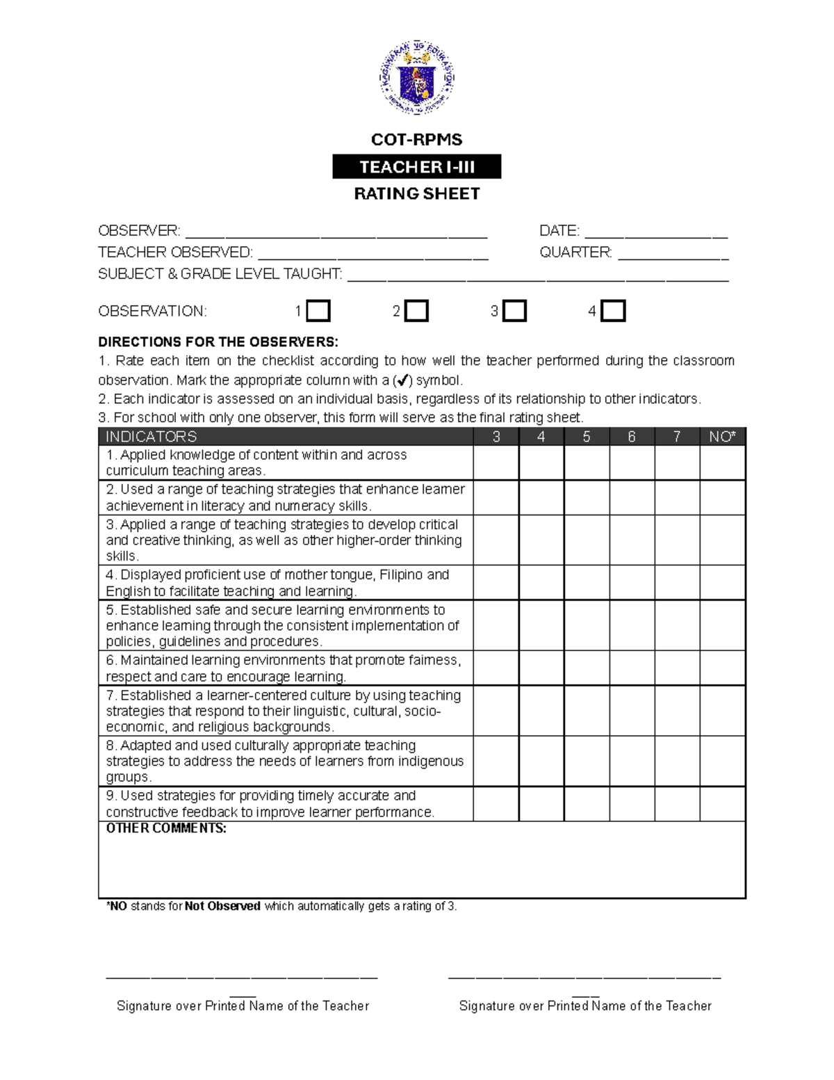 EDUC- Teacher Observation Rating Sheet for Classroom Performance - Studocu